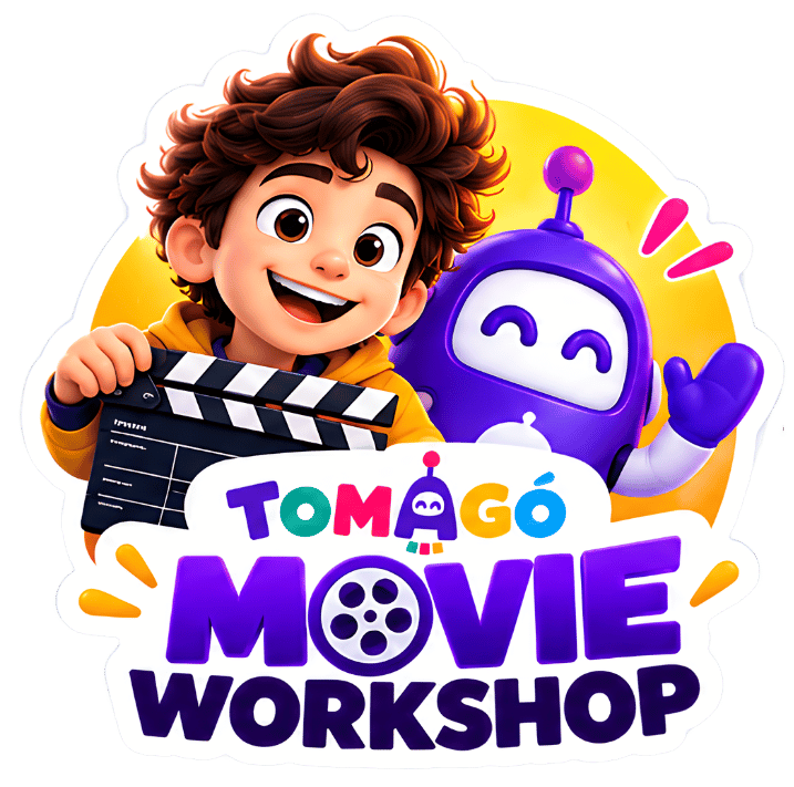 TOMAGO Movie Workshop students and robot mascot with a movie clapperboard
